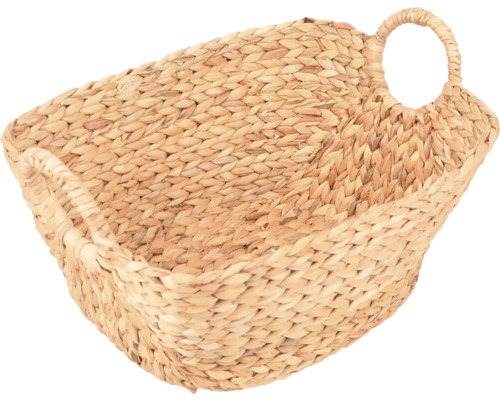 Rechteckiger Korb aus geflochtener Wasserhyazinthe mit zwei Griffen in der Farbe Beige.