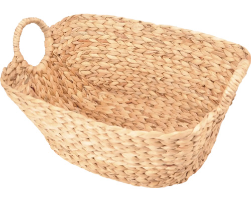 Aufbewahrungskorb aus geflochtener Wasserhyazinthe mit einem Griff.