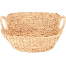 Geflochtener Korb aus beiger Wasserhyazinthe mit zwei Griffen.