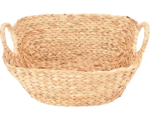 Geflochtener Korb aus beiger Wasserhyazinthe mit zwei Griffen.