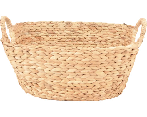 Naturfarbener geflochtener Korb aus Wasserhyazinthe mit zwei Griffen.