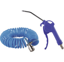 Ausblaspistole aus Kunststoff mit langer Metalldüse und blauem Druckluft-Spiralschlauch.