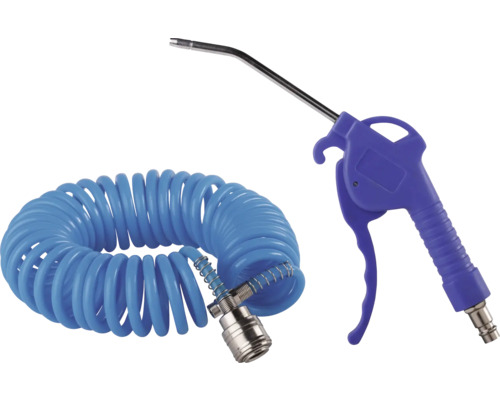 Ausblaspistole aus Kunststoff mit langer Metalldüse und blauem Druckluft-Spiralschlauch.