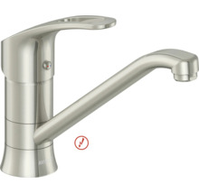 AVITAL Niederdruck-Küchenarmatur in Edelstahl-Optik mit Einhebelmischer, schwenkbarem Auslauf und AVITAL Logo.