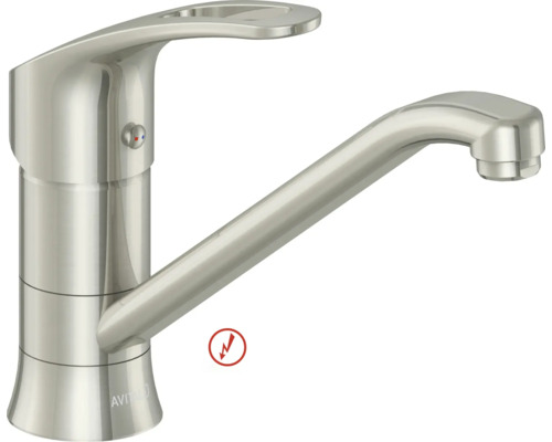 AVITAL Niederdruck-Küchenarmatur in Edelstahl-Optik mit Einhebelmischer, schwenkbarem Auslauf und AVITAL Logo.