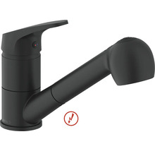 Einhebel-Küchenarmatur in Schwarz matt mit ausziehbarer Brause, Niederdruck. Avital Logo.