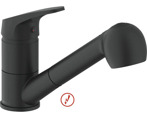 AVITAL Niederdruckarmatur mit Brause ESTERIL schwarz Einhebel-Küchenarmatur in Schwarz matt mit ausziehbarer Brause, Niederdruck. Avital Logo.