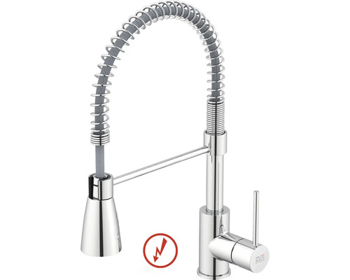 KEO Küchenarmatur Niederdruckarmatur mit Brause flexibel ILMA chrom Niederdruck-Spültischarmatur mit Profi-Brause, Spiralfeder und Einhebelmischer, verchromt. KEO Logo.