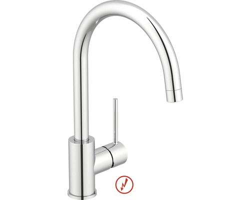 Niederdruck-Küchenarmatur mit hohem Bogenauslauf und seitlichem Bedienhebel aus verchromtem Metall.