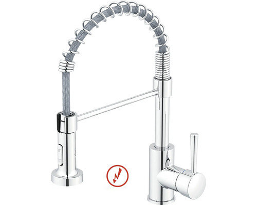 SERIES Küchenarmatur flexibel Niederdruckarmatur TIBER chrom Küchenarmatur in Chrom mit flexiblem Auslauf, Spiralfeder und ausziehbarer Geschirrbrause, geeignet für Niederdruck.