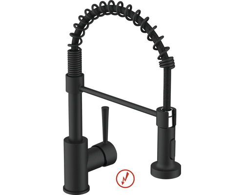 Küchenarmatur mit flexibler Geschirrbrause, Einhebelmischer, Schwarz, Niederdruck
