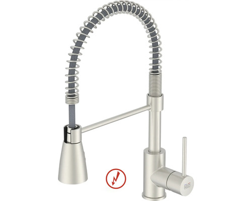 Profi-Küchenarmatur mit Spiralfeder, Einhebelmischer und Eignung für Niederdruck. KEO Logo.