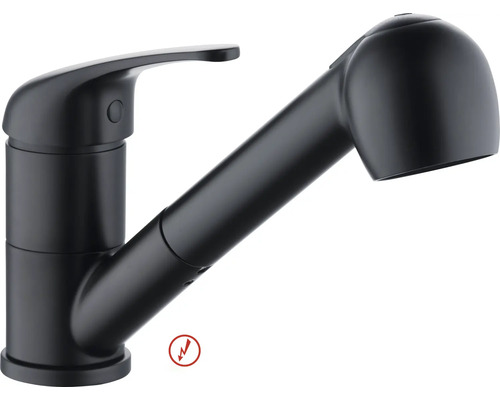 Schwarze matte Spültischarmatur mit ausziehbarer Geschirrbrause und Einhebelmischer, geeignet für Niederdruck.