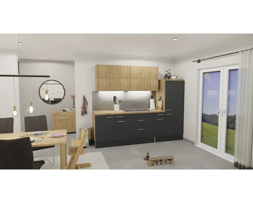 Moderne Küchenzeile in Anthrazit mit Oberschränken und Arbeitsplatte in Holzoptik, angrenzender Essbereich mit Holztisch und Pendelleuchten.