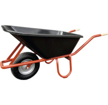 Schubkarre mit schwarzer Kunststoffmulde, orangem Metallgestell und einem Rad.