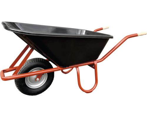 Schubkarre mit schwarzer Kunststoffmulde, orangem Metallgestell und einem Rad.