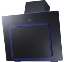 Wandmontierte kopffreie Dunstabzugshaube in Schwarz mit blauer LED-Ambientebeleuchtung.