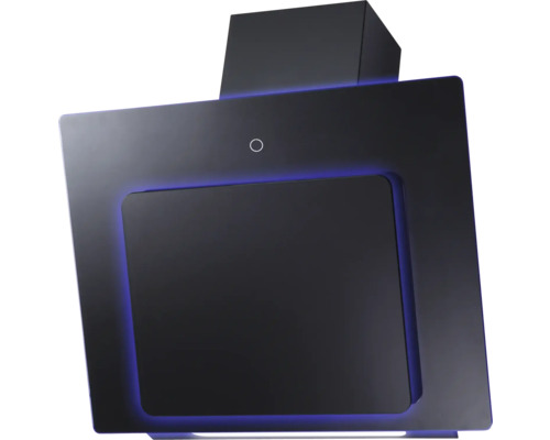 Wandmontierte kopffreie Dunstabzugshaube in Schwarz mit blauer LED-Ambientebeleuchtung.