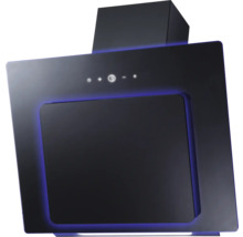 Schwarze kopffreie Dunstabzugshaube mit blauer LED-Beleuchtung und Touch-Bedienfeld.