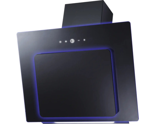 Schwarze kopffreie Dunstabzugshaube mit blauer LED-Beleuchtung und Touch-Bedienfeld.