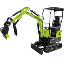 Zipper Minibagger in Grün und Schwarz mit Schaufel, Greifer, Kettenfahrwerk und Schutzdach für Bauarbeiten.