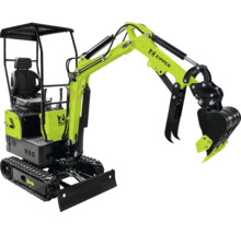 Zipper Minibagger mit Raupenantrieb, Grabschaufel und Schutzdach.