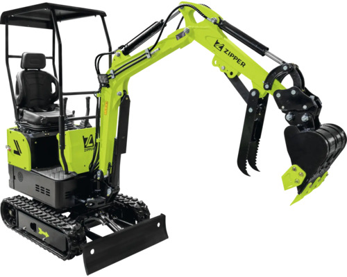 Zipper Minibagger mit Raupenantrieb, Grabschaufel und Schutzdach.