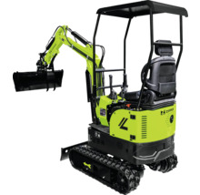 Zipper Minibagger in Grün und Schwarz mit Gummiketten, Schutzdach, Sitz und Schaufel am hydraulischen Ausleger.