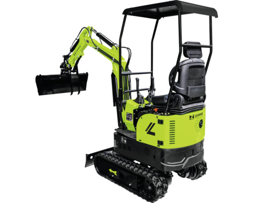 Zipper Minibagger in Grün und Schwarz mit Gummiketten, Schutzdach, Sitz und Schaufel am hydraulischen Ausleger.