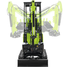 Zipper Minibagger mit Raupenfahrwerk und Frontschild, zeigt den Schwenkbereich des hydraulischen Auslegers in der Frontansicht.