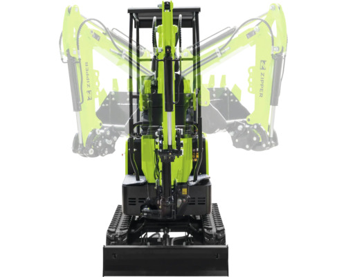 Zipper Minibagger mit Raupenfahrwerk und Frontschild, zeigt den Schwenkbereich des hydraulischen Auslegers in der Frontansicht.
