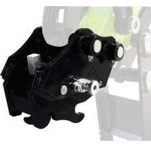 Mechanischer Schnellwechsler für Baumaschinen aus schwarzem Metall mit manueller Verriegelung.