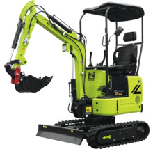 Zipper Minibagger mit Kettenantrieb, Schaufel und Schutzdach in Lindgrün.