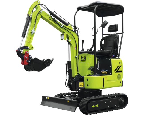 Zipper Minibagger mit Kettenantrieb, Schaufel und Schutzdach in Lindgrün.