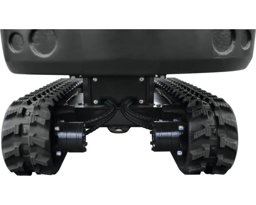 Kettenfahrwerk eines Minibaggers mit schwarzen Gummiketten und hydraulischem Antrieb.