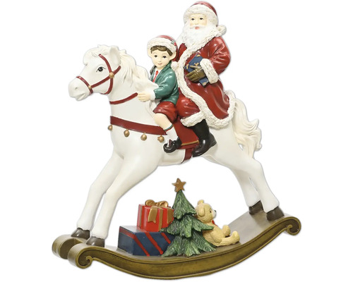 Weihnachtsfigur Weihnachtsmann und Kind auf einem weißen Schaukelpferd. Mit Tannenbaum, Geschenken und Teddybär am Sockel.