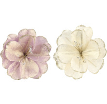 Set aus zwei künstlichen Dekorationsblüten in Flieder und Creme mit glitzernden Rändern und Staubblättern.