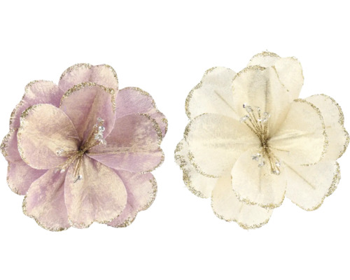 Set aus zwei künstlichen Dekorationsblüten in Flieder und Creme mit glitzernden Rändern und Staubblättern.