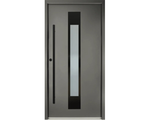 Moderne Haustür in Anthrazit mit vertikalem Glasausschnitt und langem schwarzem Stangengriff.