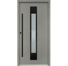 Moderne Haustür in Grau mit schwarzem Stoßgriff und schmalem vertikalem Glaseinsatz.