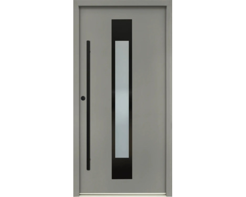 Moderne Haustür in Grau mit schwarzem Stoßgriff und schmalem vertikalem Glaseinsatz.