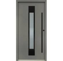 Moderne graue Haustür mit vertikalem Lichtausschnitt und schwarzem Stangengriff.