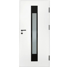 Weiße Zimmertür mit vertikalem Lichtausschnitt, mattem Glas und schwarzen Beschlägen.