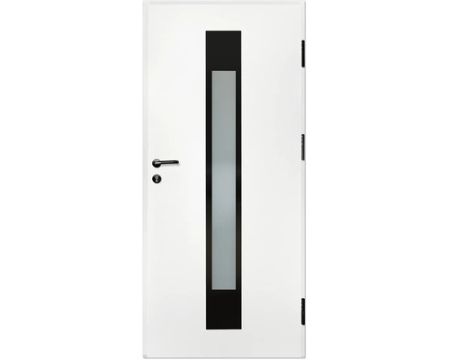 Weiße Zimmertür mit vertikalem Lichtausschnitt, mattem Glas und schwarzen Beschlägen.