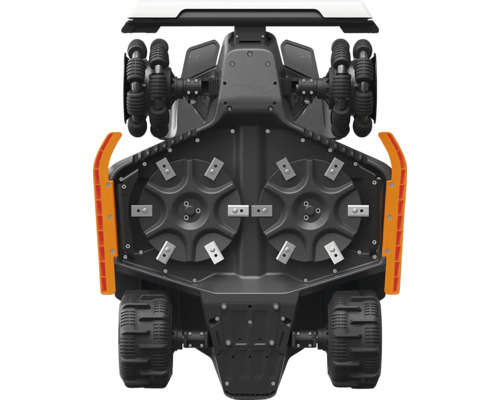 Unterseite eines Mähroboters mit zwei Mähscheiben, Messerklingen und profilierten Antriebsrädern.
