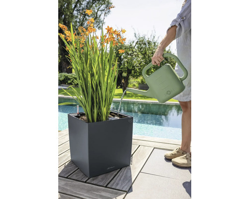 Eine Person bewässert eine Pflanze in einem dunkelgrauen quadratischen Pflanzgefäß mit einer grünen Gießkanne auf einer Terrasse am Pool.