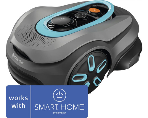 Mähroboter in Grau und Schwarz, Gardena Logo, kompatibel mit Smart Home by Hornbach.