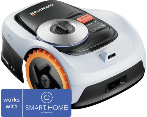 Segway Navimow Mähroboter mit orangefarbenen Rädern, Einstellrad, Kamera und Smart Home by Hornbach Logo.