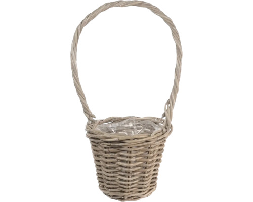Geflochtener Pflanzkorb aus Weide mit hohem Henkel und Kunststoffeinlage.