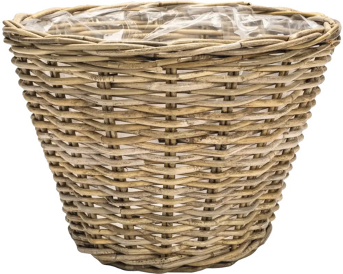 Runder Pflanzkorb aus brauner geflochtener Weide mit integrierter Kunststofffolie.